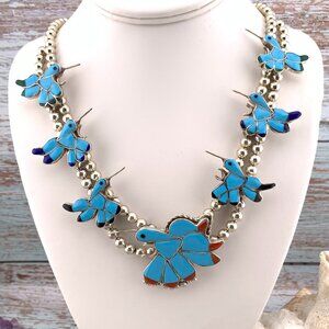 HUMMINGBIRD Sterling Silver Turquoise Inlay Vtg Necklace India Natewa ZUNI J1411